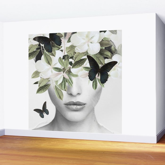 Woman With Flowers and Butterflies 3 Wall Mural Gallery Image 2