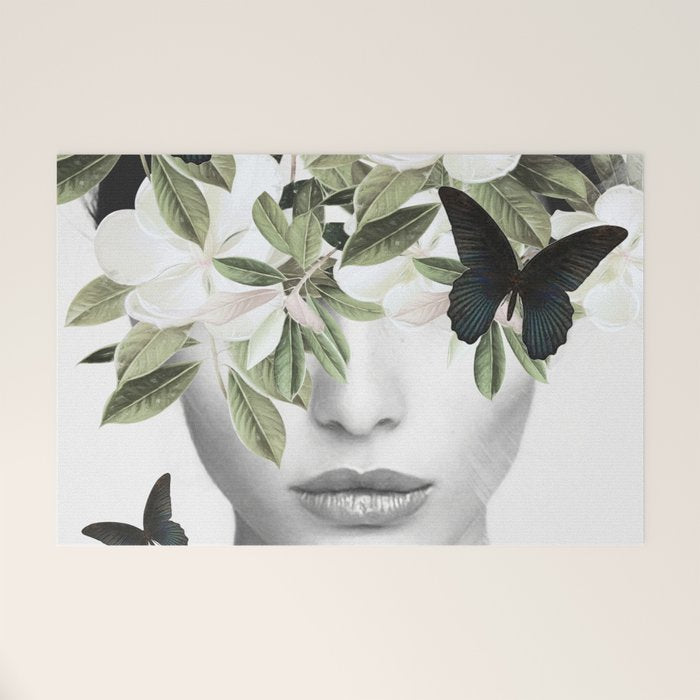 Woman With Flowers and Butterflies 3 Welcome Mat Gallery Image 1