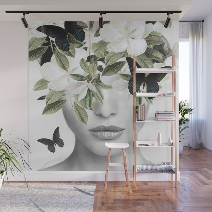 Woman With Flowers and Butterflies 3 Wall Mural Gallery Image 1