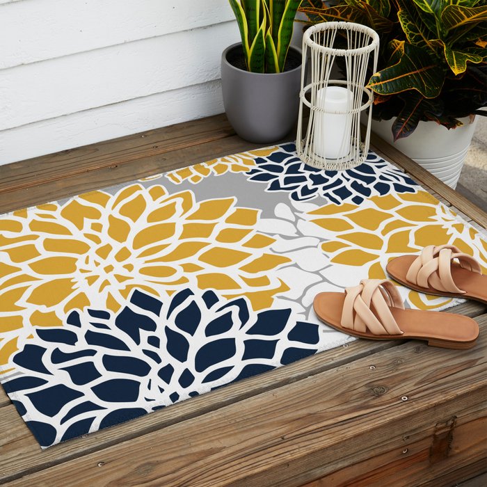 Flower Blooms, Yellow, Grey, Navy Outdoor Rug Gallery Image 2