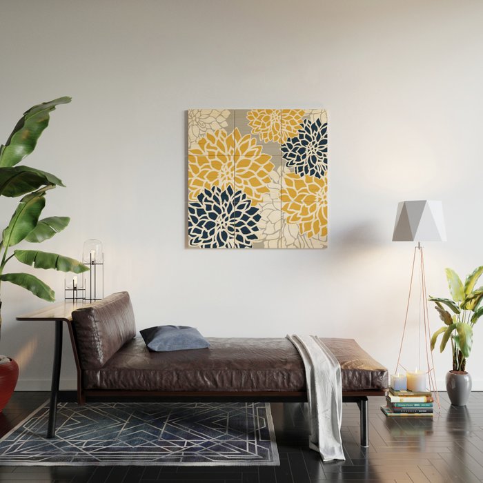 Flower Blooms, Yellow, Grey, Navy Wood Wall Art Gallery Image 2