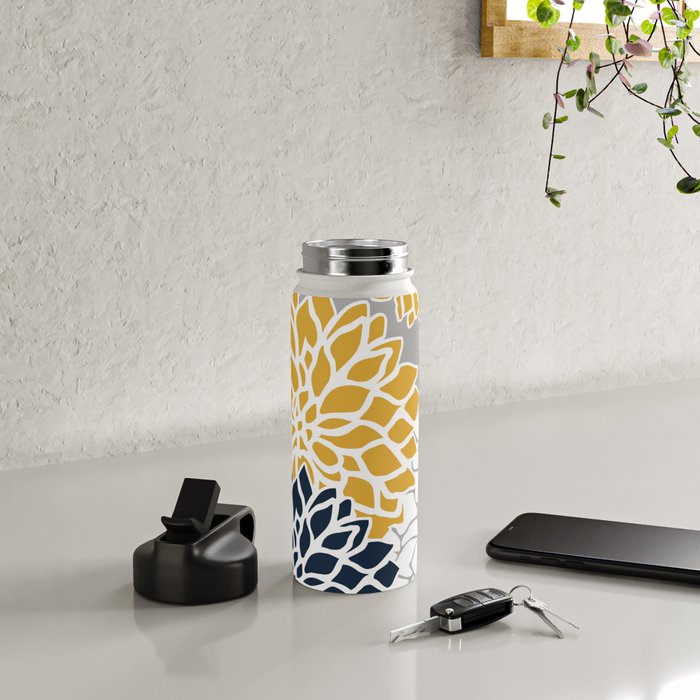 Flower Blooms, Yellow, Grey, Navy Water Bottle Gallery Image 4