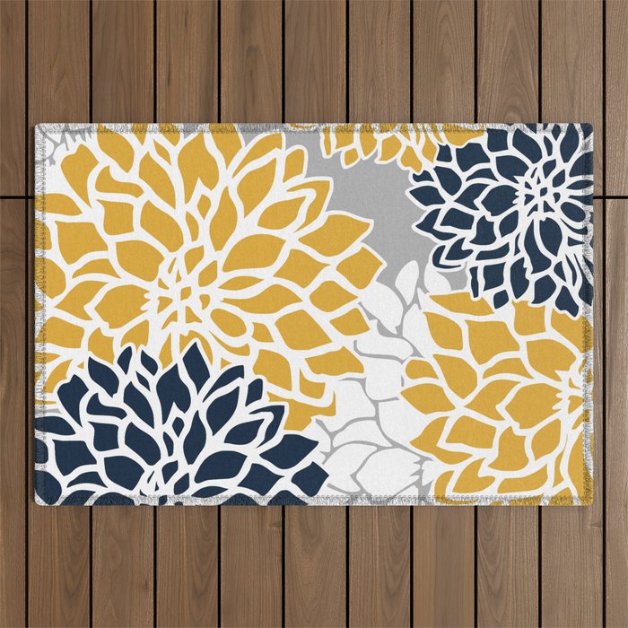 Flower Blooms, Yellow, Grey, Navy Outdoor Rug Gallery Image 1