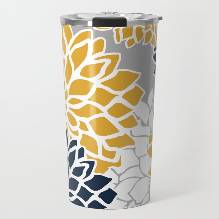 Flower Blooms, Yellow, Grey, Navy Travel Mug Gallery Image 1