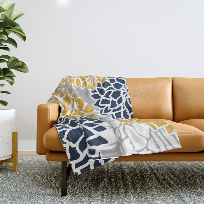 Flower Blooms, Yellow, Grey, Navy Throw Blanket Gallery Image 1