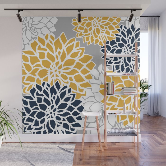 Flower Blooms, Yellow, Grey, Navy Wall Mural Gallery Image 1