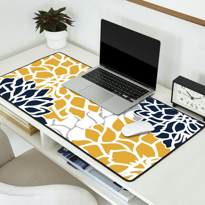 Flower Blooms, Yellow, Grey, Navy Desk Mat Gallery Image 2