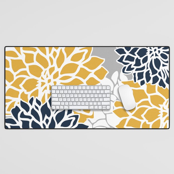Flower Blooms, Yellow, Grey, Navy Desk Mat Gallery Image 1