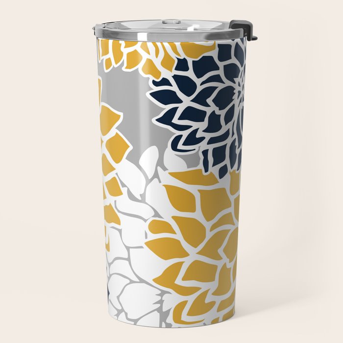 Flower Blooms, Yellow, Grey, Navy Travel Mug Gallery Image 2