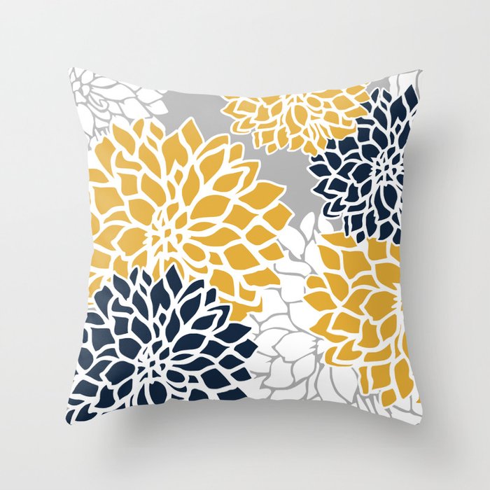 Flower Blooms, Yellow, Grey, Navy Throw Pillow Gallery Image 6