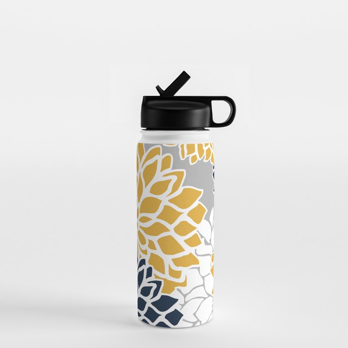Flower Blooms, Yellow, Grey, Navy Water Bottle Gallery Image 1