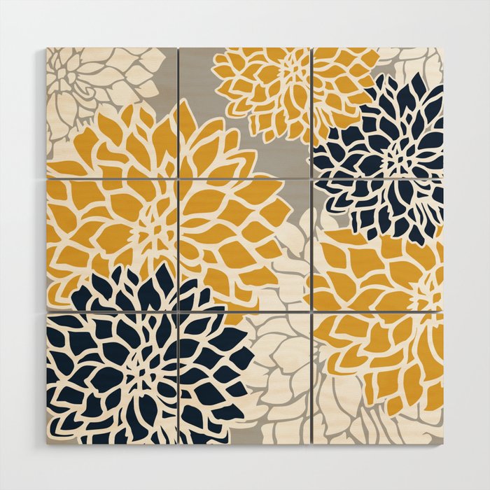 Flower Blooms, Yellow, Grey, Navy Wood Wall Art Gallery Image 1