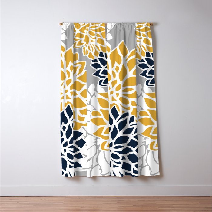 Flower Blooms, Yellow, Grey, Navy Window Curtain Gallery Image 3