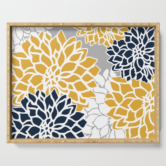 Flower Blooms, Yellow, Grey, Navy Serving Tray Gallery Image 1