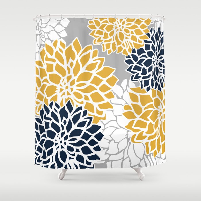 Flower Blooms, Yellow, Grey, Navy Shower Curtain Gallery Image 1