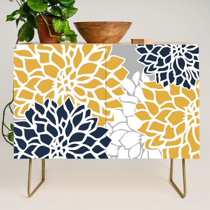 Flower Blooms, Yellow, Grey, Navy Credenza Gallery Image 1