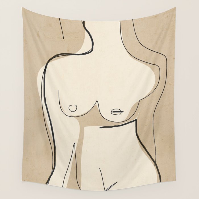 Abstract Line Art Nude Beige Wall Tapestry Gallery Image 4