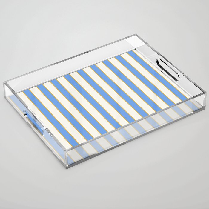 Vintage Cabana Stripe Blue And Gold Stripes Retro Boho Coastal Beach Vibe Acrylic Tray Gallery Image 1