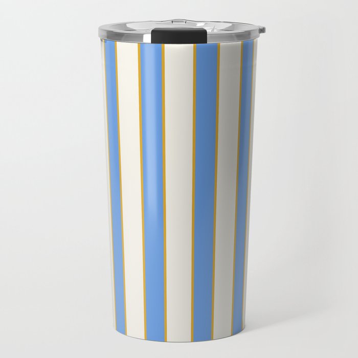 Vintage Cabana Stripe Blue And Gold Stripes Retro Boho Coastal Beach Vibe Travel Mug Gallery Image 1