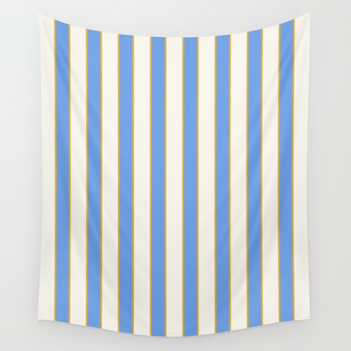 Vintage Cabana Stripe Blue And Gold Stripes Retro Boho Coastal Beach Vibe Wall Tapestry Gallery Image 1