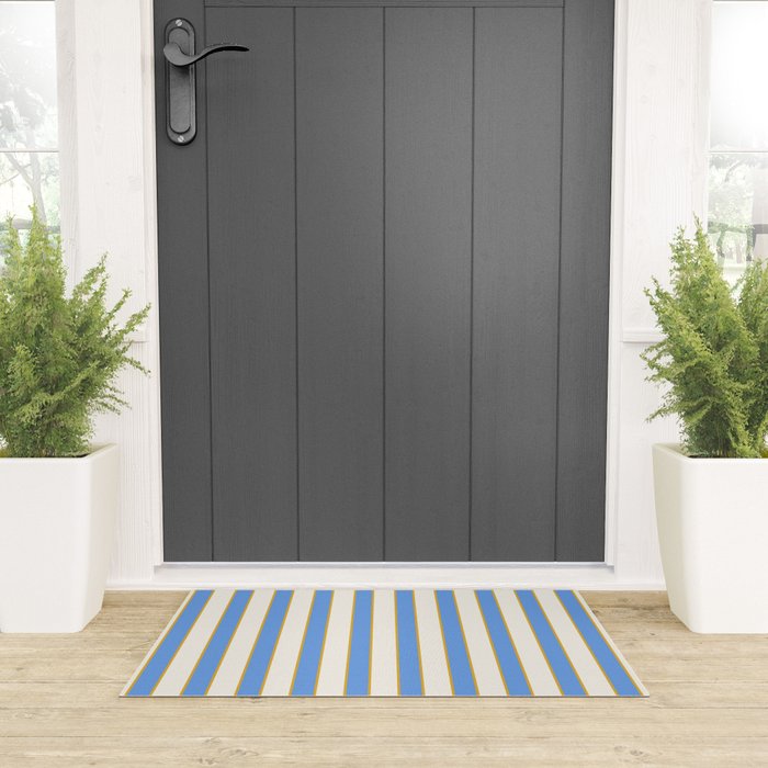 Vintage Cabana Stripe Blue And Gold Stripes Retro Boho Coastal Beach Vibe Welcome Mat Gallery Image 3
