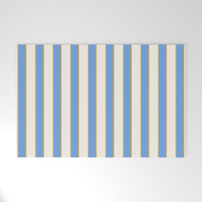 Vintage Cabana Stripe Blue And Gold Stripes Retro Boho Coastal Beach Vibe Welcome Mat Gallery Image 1