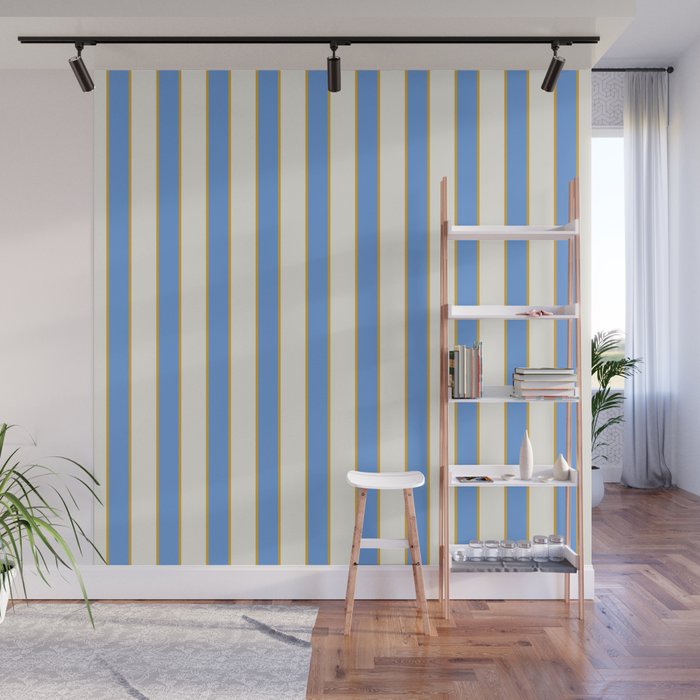 Vintage Cabana Stripe Blue And Gold Stripes Retro Boho Coastal Beach Vibe Wall Mural Gallery Image 1