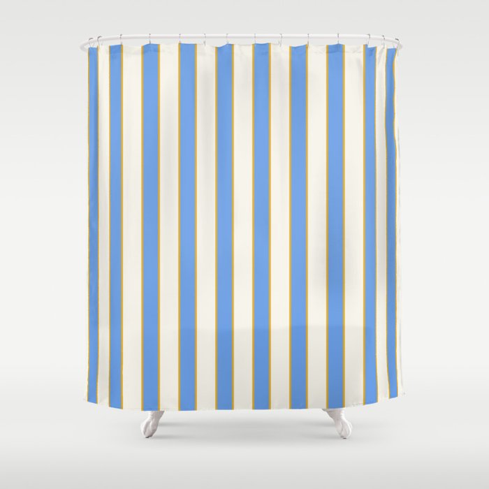Vintage Cabana Stripe Blue And Gold Stripes Retro Boho Coastal Beach Vibe Shower Curtain Gallery Image 1
