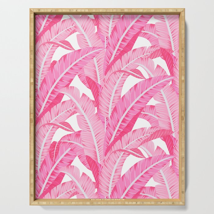 Pink banana leaves tropical pattern on white Serving Tray Gallery Image 1