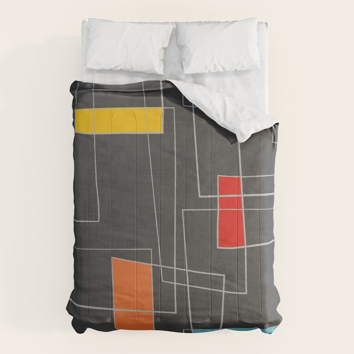 Dark Gray Colorful Shapes White Lines Artwork Comforter Gallery Image 1