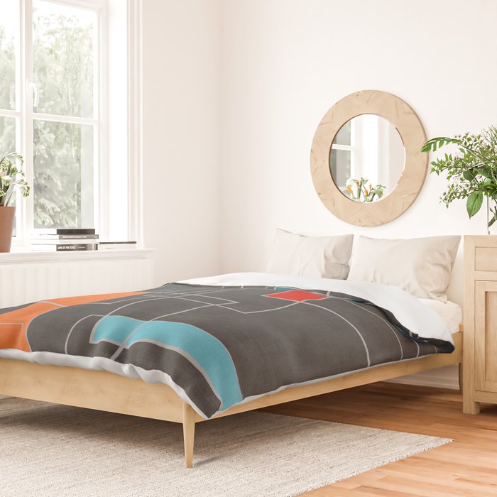 Dark Gray Colorful Shapes White Lines Artwork Duvet Cover Gallery Image 2