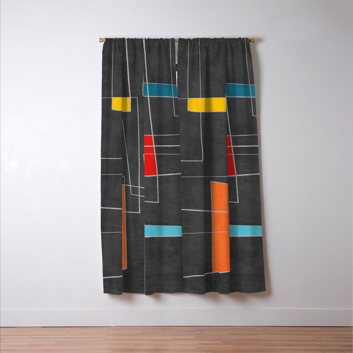 Dark Gray Colorful Shapes White Lines Artwork Window Curtain Gallery Image 3