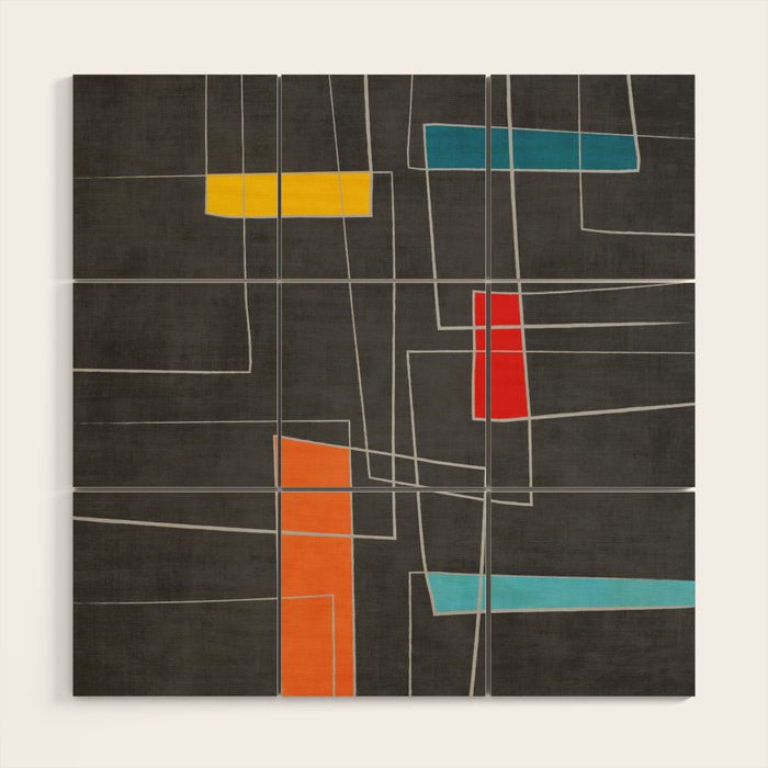 Dark Gray Colorful Shapes White Lines Artwork Wood Wall Art Gallery Image 1