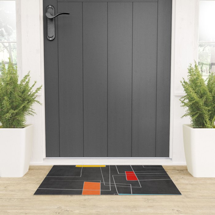 Dark Gray Colorful Shapes White Lines Artwork Welcome Mat Gallery Image 3