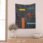 Dark Gray Colorful Shapes White Lines Artwork Wall Tapestry Gallery Image 2