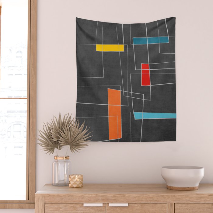Dark Gray Colorful Shapes White Lines Artwork Wall Tapestry Gallery Image 2