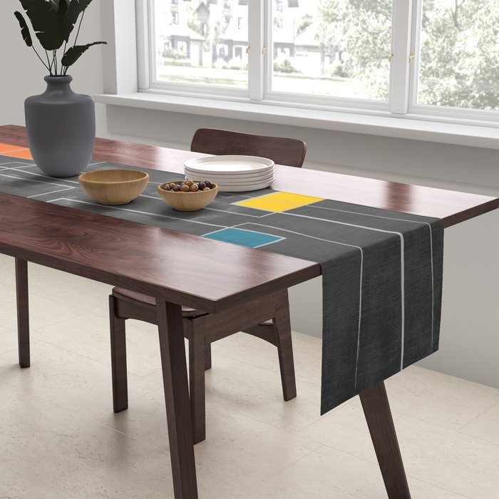 Dark Gray Colorful Shapes White Lines Artwork Table Runner Gallery Image 2