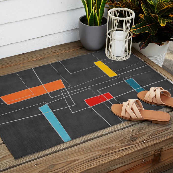 Dark Gray Colorful Shapes White Lines Artwork Outdoor Rug Gallery Image 2