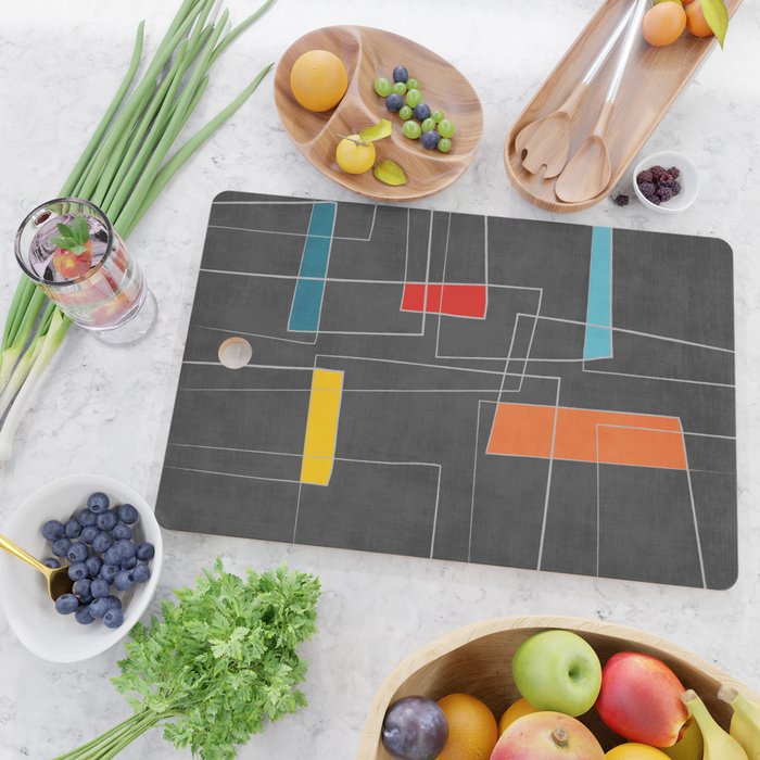 Dark Gray Colorful Shapes White Lines Artwork Cutting Board Gallery Image 2