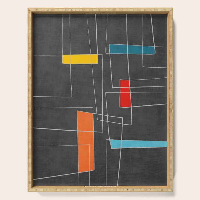 Dark Gray Colorful Shapes White Lines Artwork Serving Tray Gallery Image 1