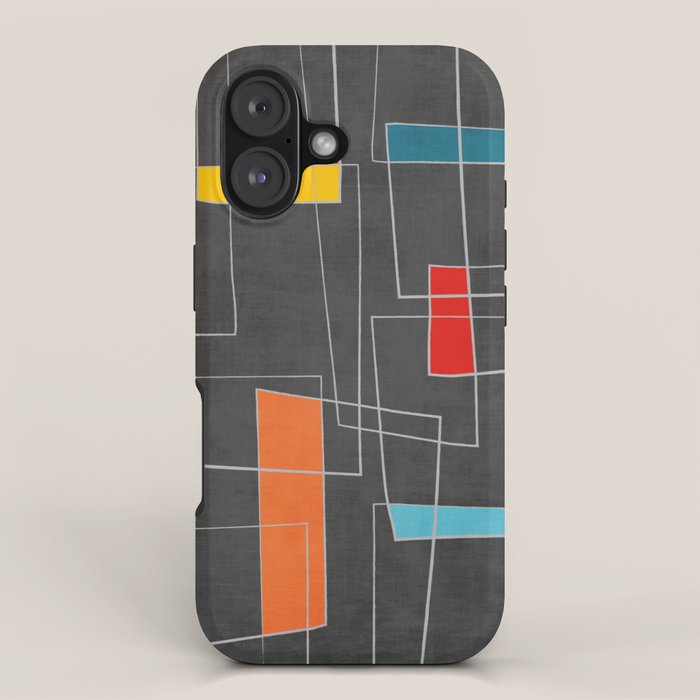 Dark Gray Colorful Shapes White Lines Artwork iPhone Case Gallery Image 1