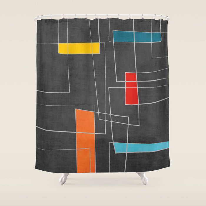 Dark Gray Colorful Shapes White Lines Artwork Shower Curtain Gallery Image 1