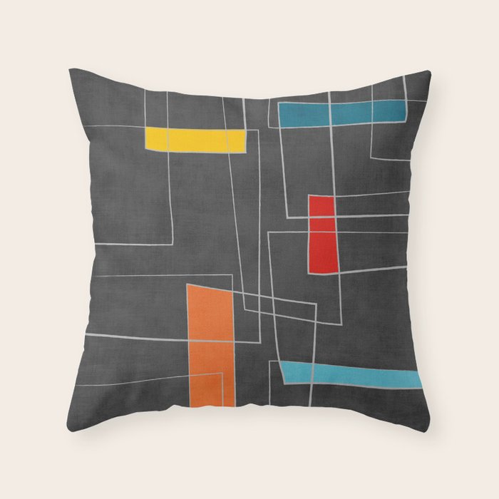 Dark Gray Colorful Shapes White Lines Artwork Throw Pillow Gallery Image 1