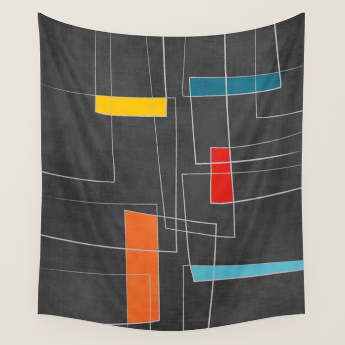 Dark Gray Colorful Shapes White Lines Artwork Wall Tapestry Gallery Image 1