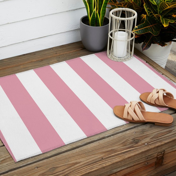 Rich Velvet Pink Rose and White Cabana Stripes Outdoor Rug Gallery Image 2
