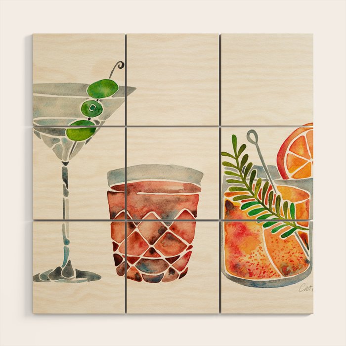 Classic Cocktails  - 1960s Watercolor Lineup Wood Wall Art Gallery Image 1