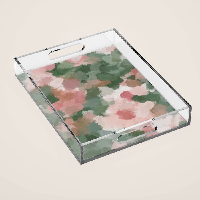 Rosy Radiance - Light Pink Rose Flower Forest Sage Green Leaf Garden Abstract Nature Painting Art Acrylic Tray Gallery Image 1