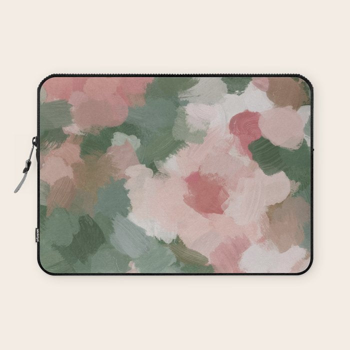 Rosy Radiance - Light Pink Rose Flower Forest Sage Green Leaf Garden Abstract Nature Painting Art Laptop Sleeve Gallery Image 1