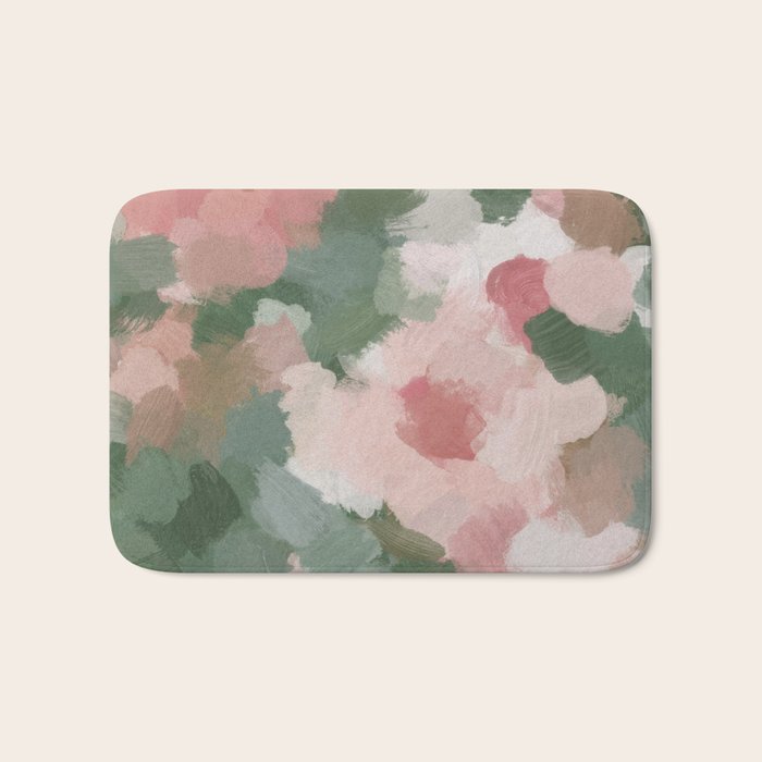 Rosy Radiance - Light Pink Rose Flower Forest Sage Green Leaf Garden Abstract Nature Painting Art Bath Mat Gallery Image 1