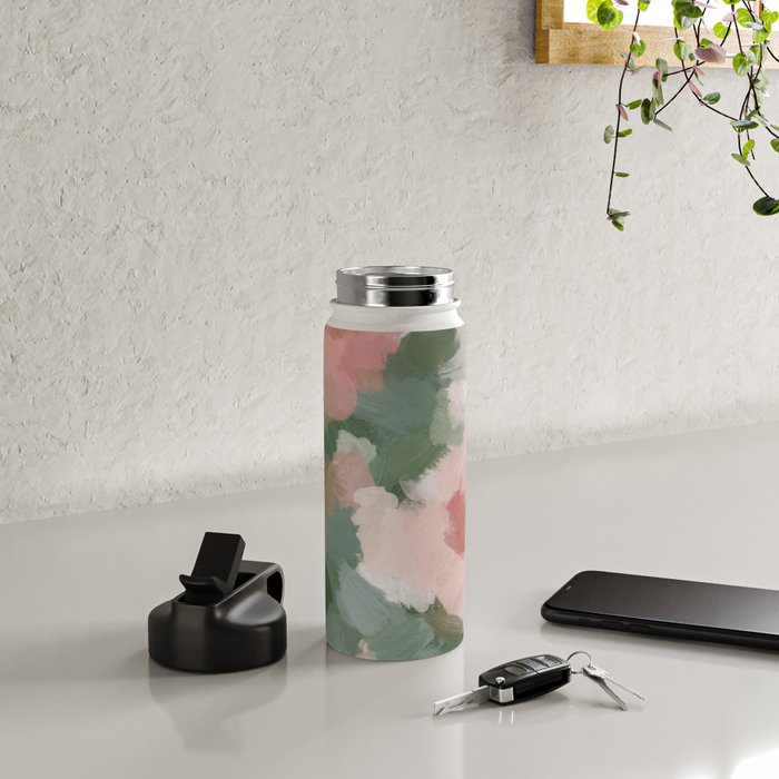 Rosy Radiance - Light Pink Rose Flower Forest Sage Green Leaf Garden Abstract Nature Painting Art Water Bottle Gallery Image 4